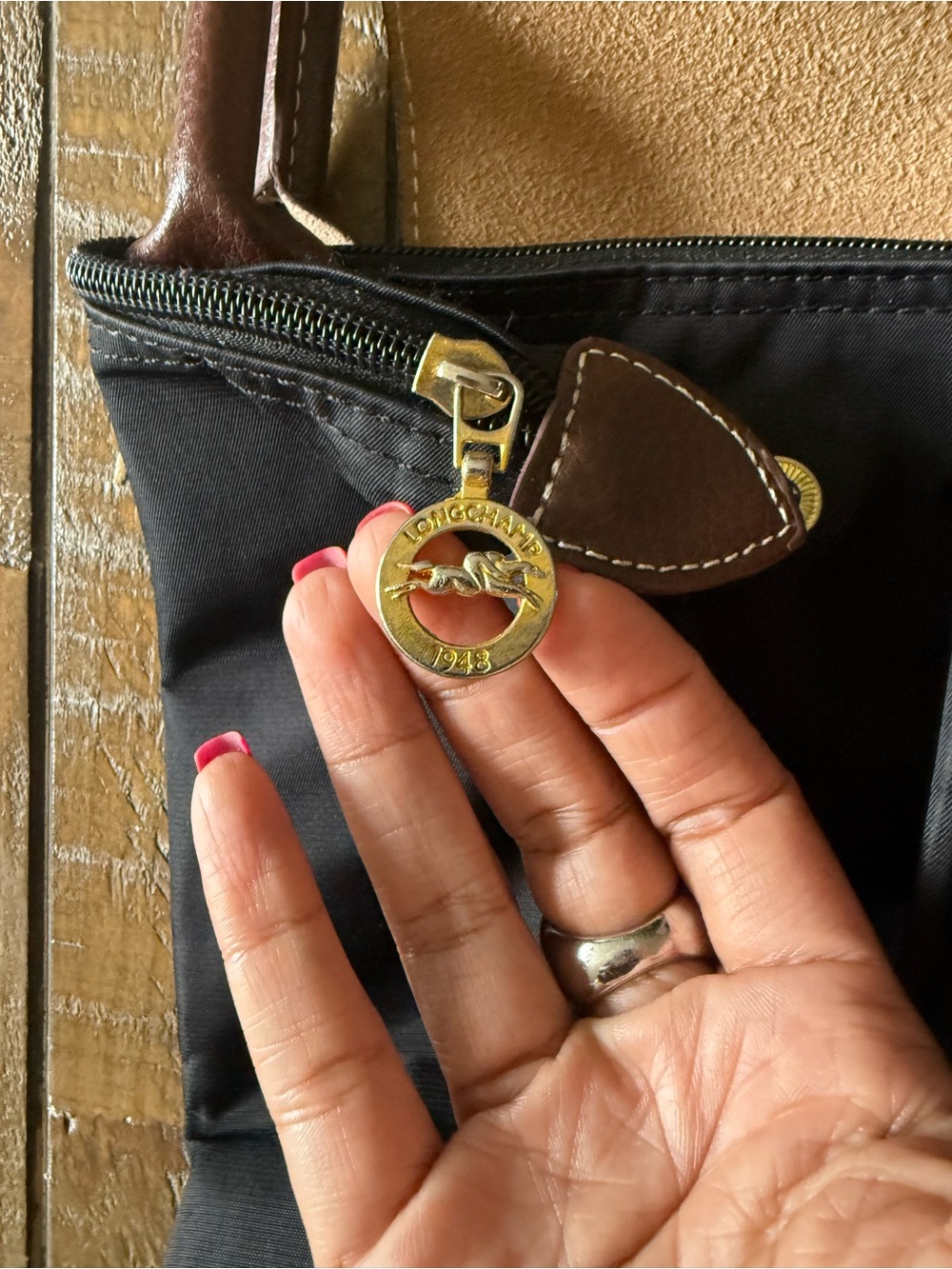 Longchamp Black Nylon Tote with Brown Leather Trim - Picture 9 of 16